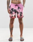 Asos Swim Shorts With Palm Tree Scene In Mid Length - Pink