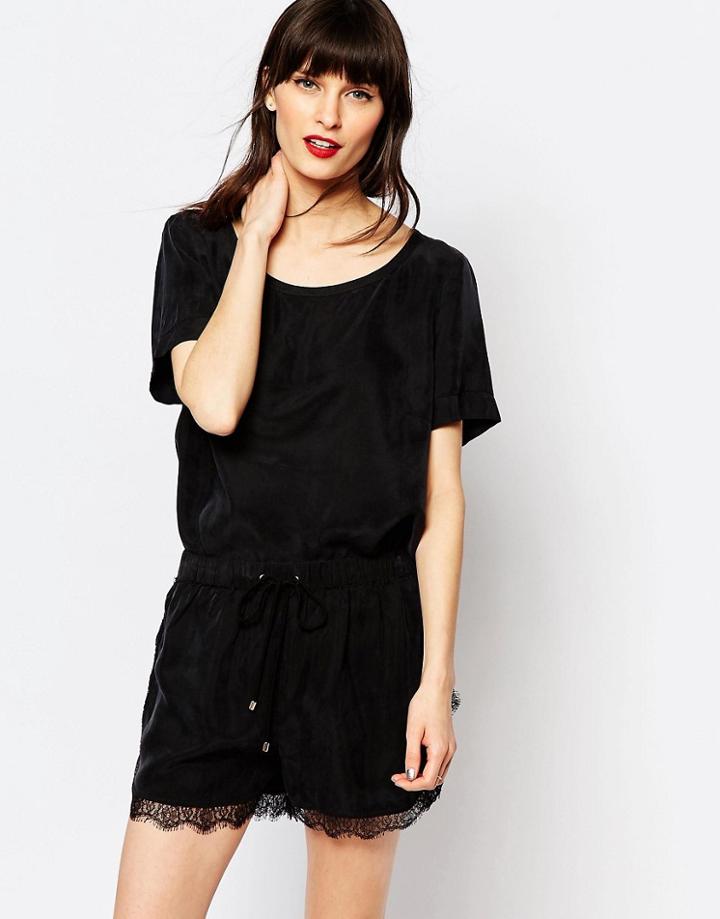 Just Female Cupro Quil T-shirt With Lace Trim - Black