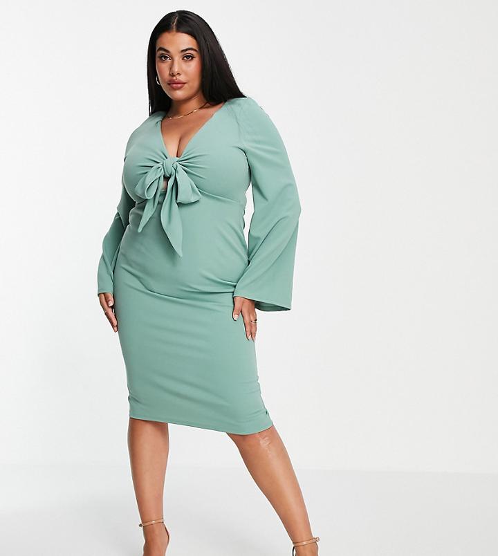 Asos Design Curve Plunge Neck Kimono Sleeve Dress In Sage Green-multi