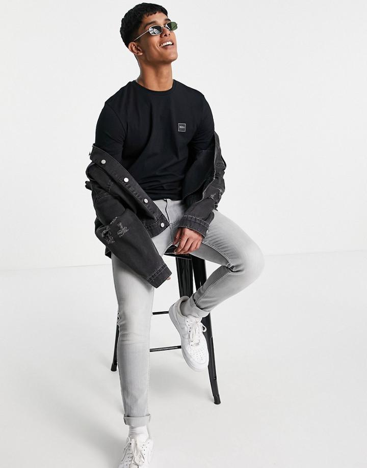Boss Tacks Long Sleeve Top With Contrast Logo In Black
