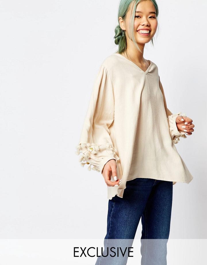 Zacro Dip Hem Top With Blouson Sleeve And Tassel Trim - Beige