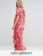 Asos Maternity Maxi Tea Dress With Ruffle Detail And Open Back In Floral - Red