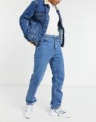 Asos Design Dad Jeans In Mid Wash Blue-blues