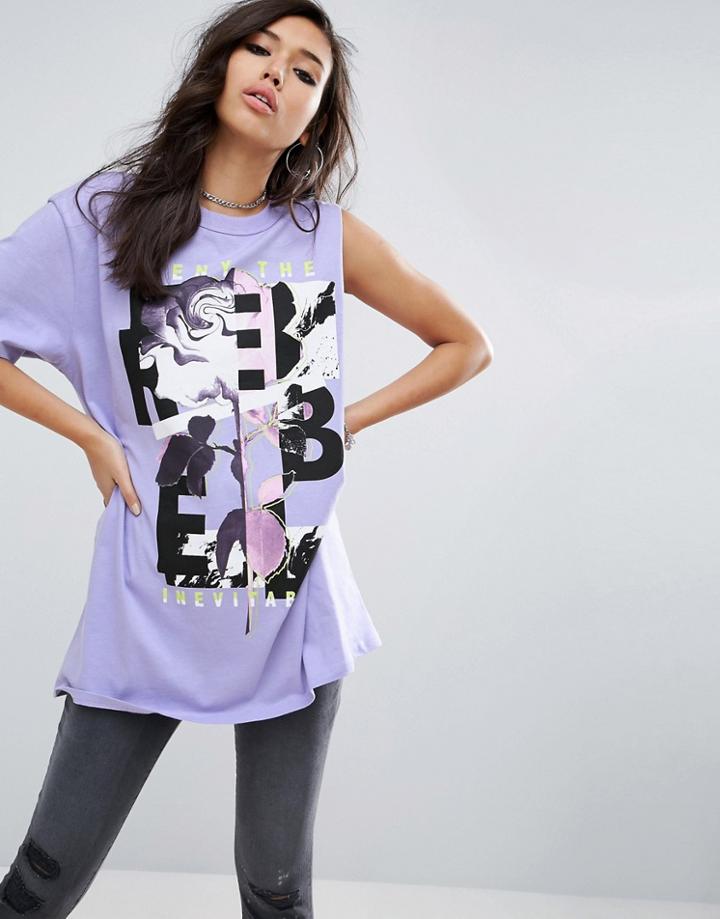 Asos T-shirt With One Shoulder And Punk Print - Purple