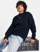 Asos Design Chunky Fisherman Rib Sweater In Navy With Big Cuffs