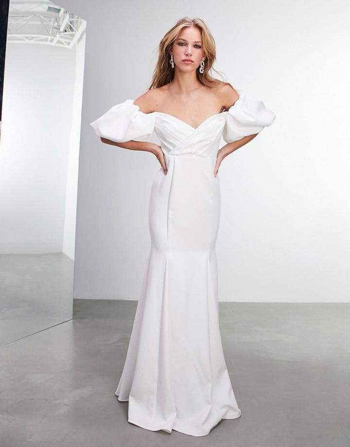 Asos Edition Maisie Off-shoulder Puff Sleeve Crepe Wedding Dress-white
