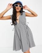 Asos Design Plunge Mini Sundress With Ruched Waist In Seersucker Gingham-multi