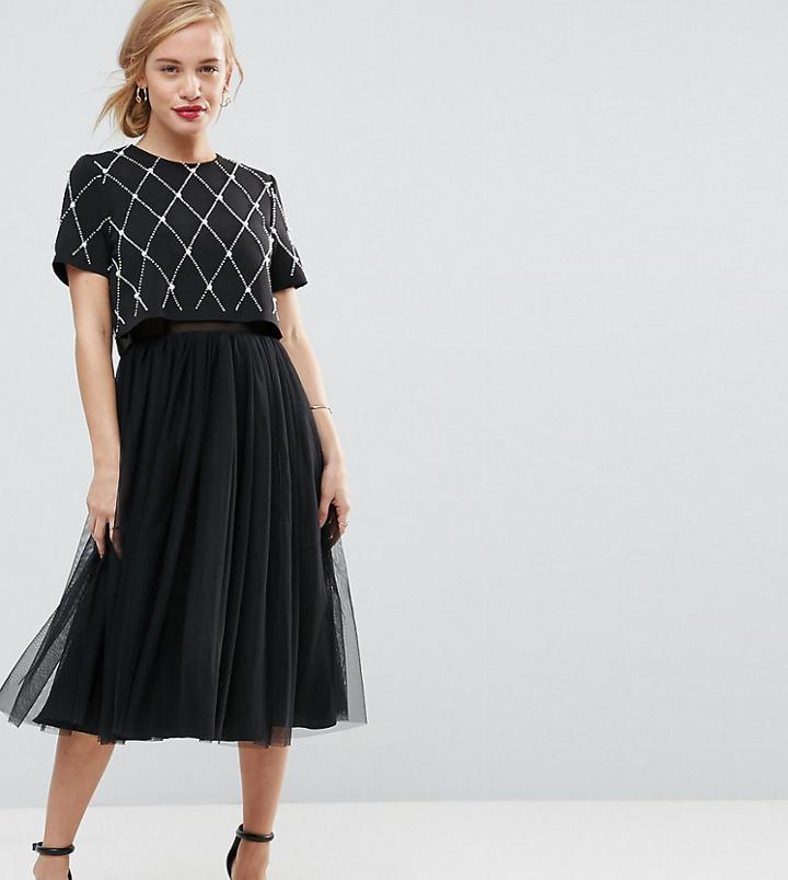 Asos Petite Embellished Crop Top Midi Tulle Prom - Black
