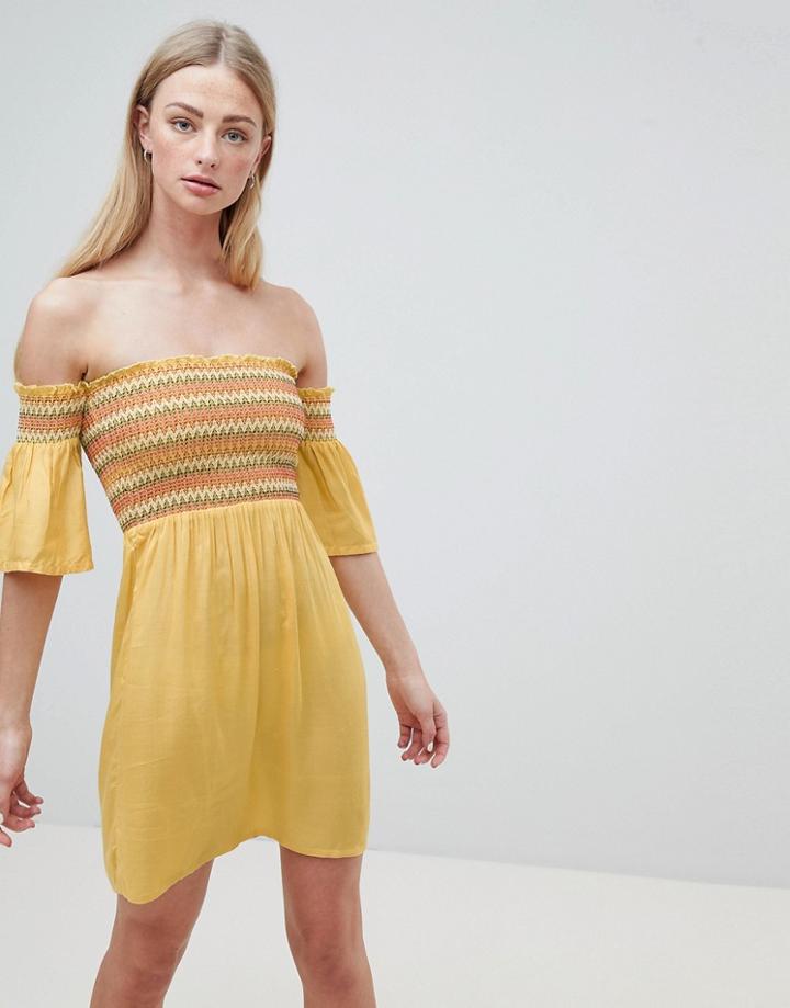 Brave Soul Sunny Bardot Dress With Multi-color Shirring - White