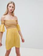 Brave Soul Sunny Bardot Dress With Multi-color Shirring - White