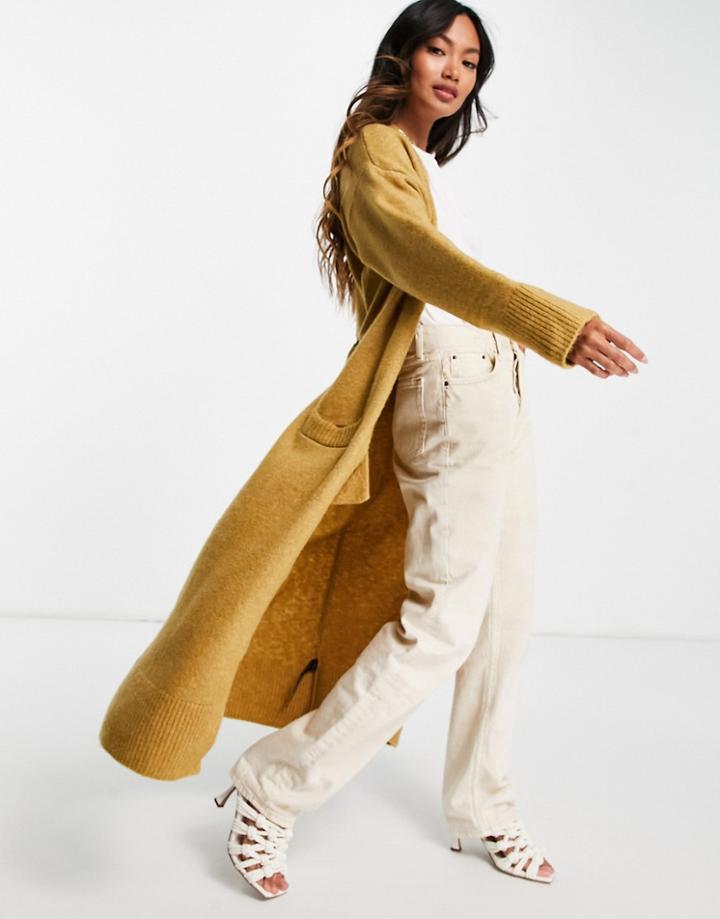 Topshop Knitted Rib Belted Maxi Cardi In Camel-brown