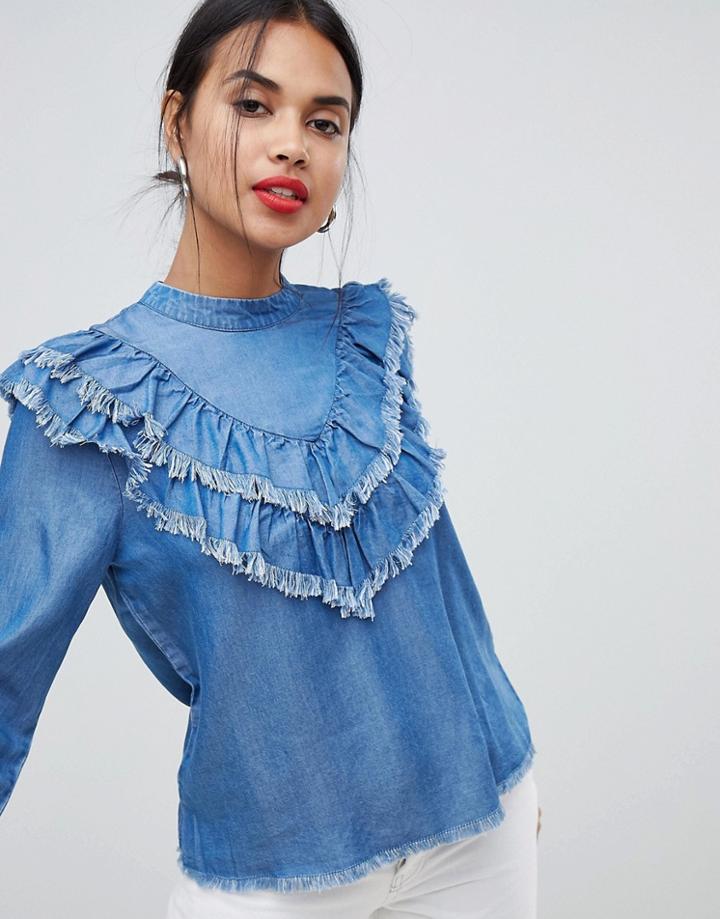 Only Frill Detail Denim Top - Blue