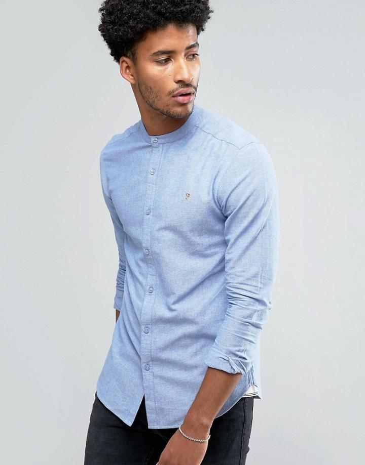 Farah Cliffords Slim Fit Grandad Collar Oxford Slub Shirt Blue - Blue