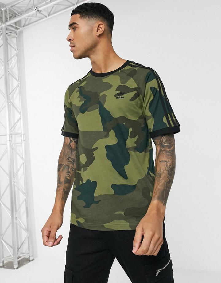 Adidas Originals Cali Three Stripe T-shirt In Camo Print-black