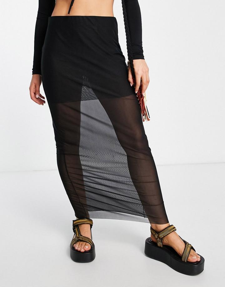 Monki Mesh Midi Skirt In Black