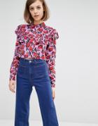 Lost Ink Cropped Shirt With Frill Detail & Abstract Print - Pink
