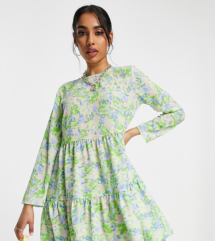 Asos Design Petite Long Sleeve Tiered Smock Mini Dress In Green Floral Print-multi