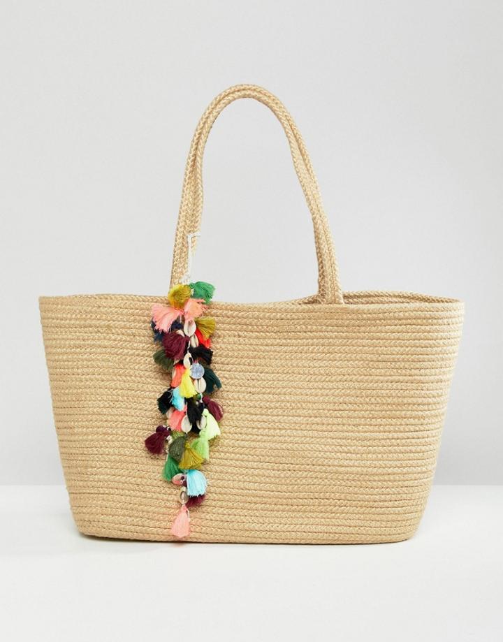 Bershka Straw Shopper With Pom Pom Detail - Beige