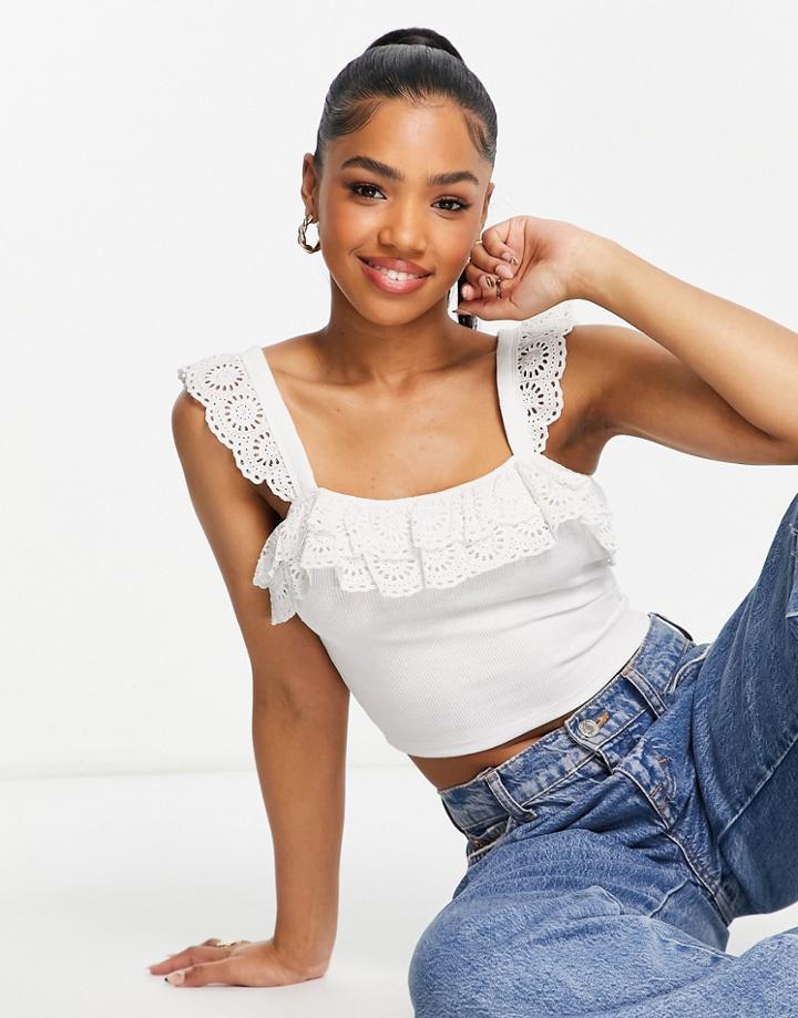 Miss Selfridge Sleeveless Broderie Ruffle Crop Top In White
