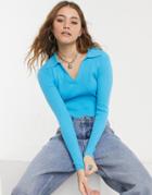 Glamorous V-neck Collared Top In Rib Blue-blues