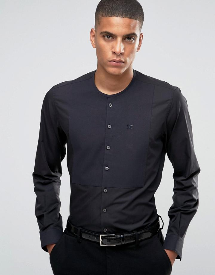 Hart Hollywood By Nick Hart Slim Smart Grandad Collar Shirt With Bib Front - Black