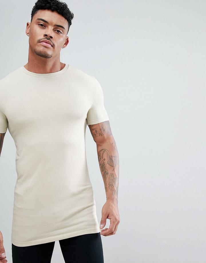 Asos Design Longline Muscle Fit T-shirt With Crew Neck In Beige - Beige