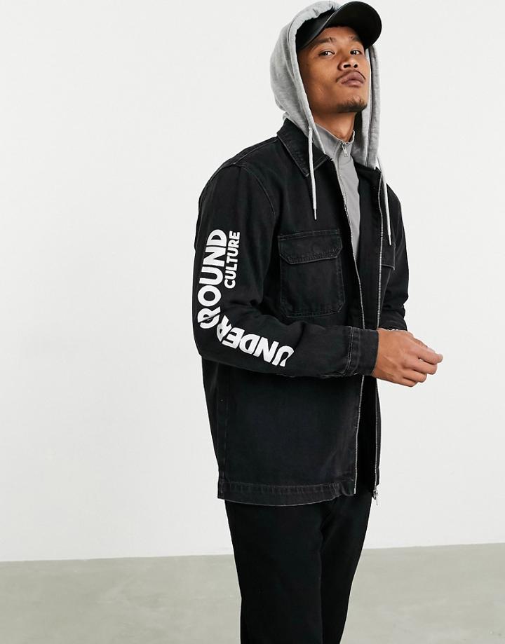 Pull & Bear Denim Jacket With Jersey Hood In Black