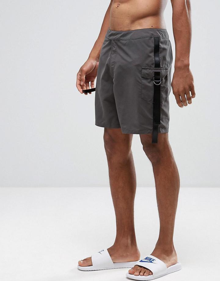 Asos Swim Shorts In Gray With Cargo Straps In Mid Length - Gray