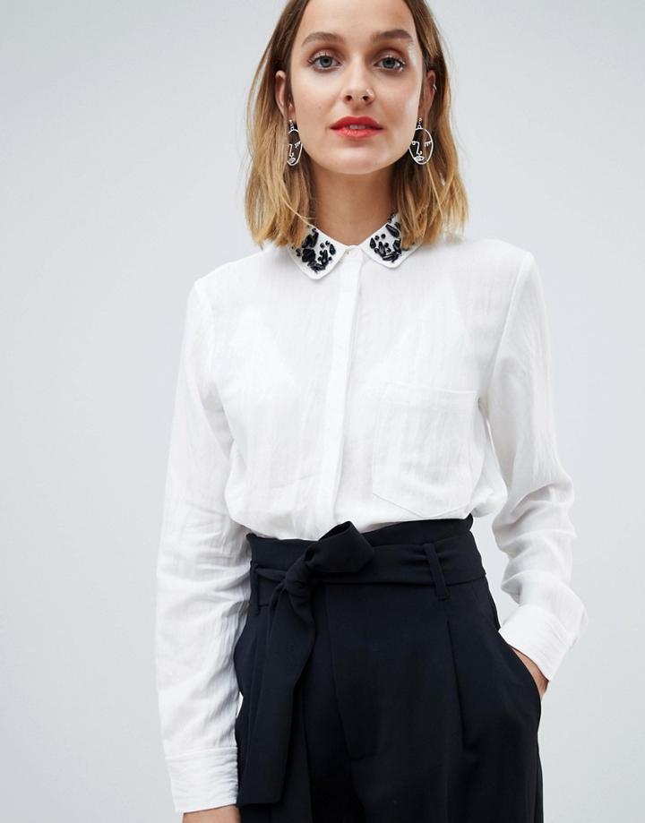 Mango Embellished Collar White Shirt - White