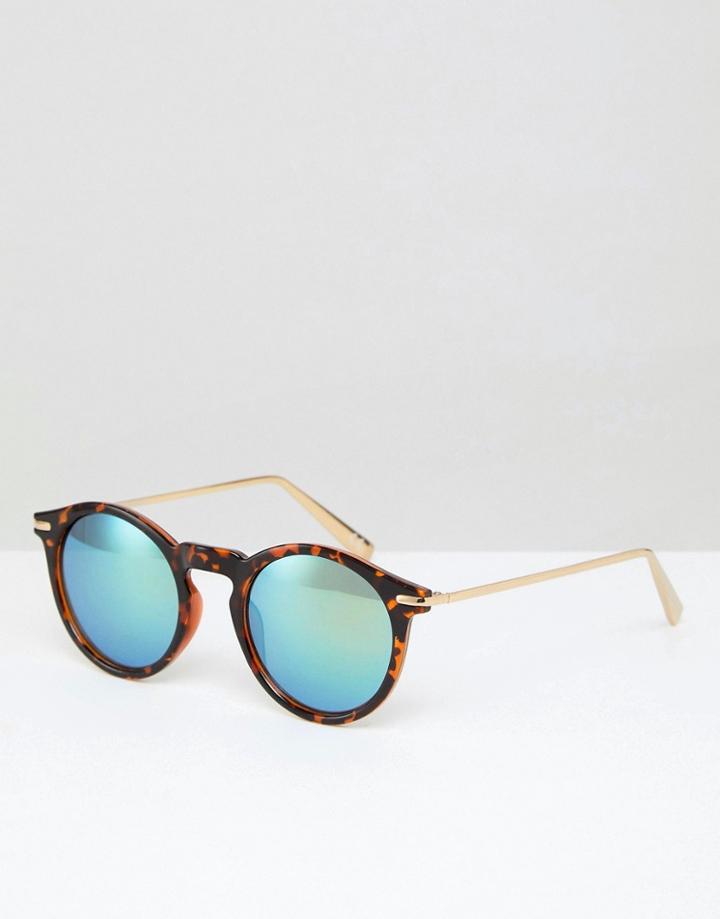 Asos Round Sunglasses With Metal Arms And Flash Lens In Tort - Brown