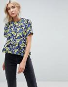 Asos Ruffle Hem Tee In Bright Floral - Multi