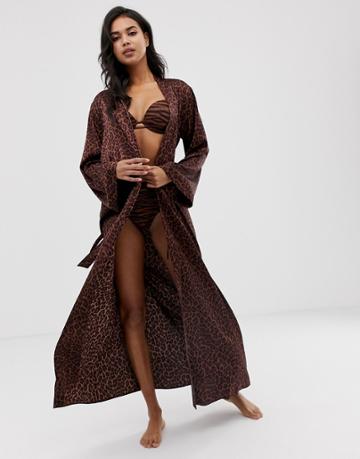 Savage X Fenty Animal Print Satin Long Kimono Robe In Toffee Leopard - Brown