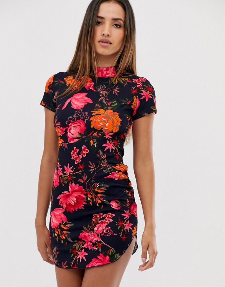 Ax Paris Navy Red Floral High Neck Mini Dress