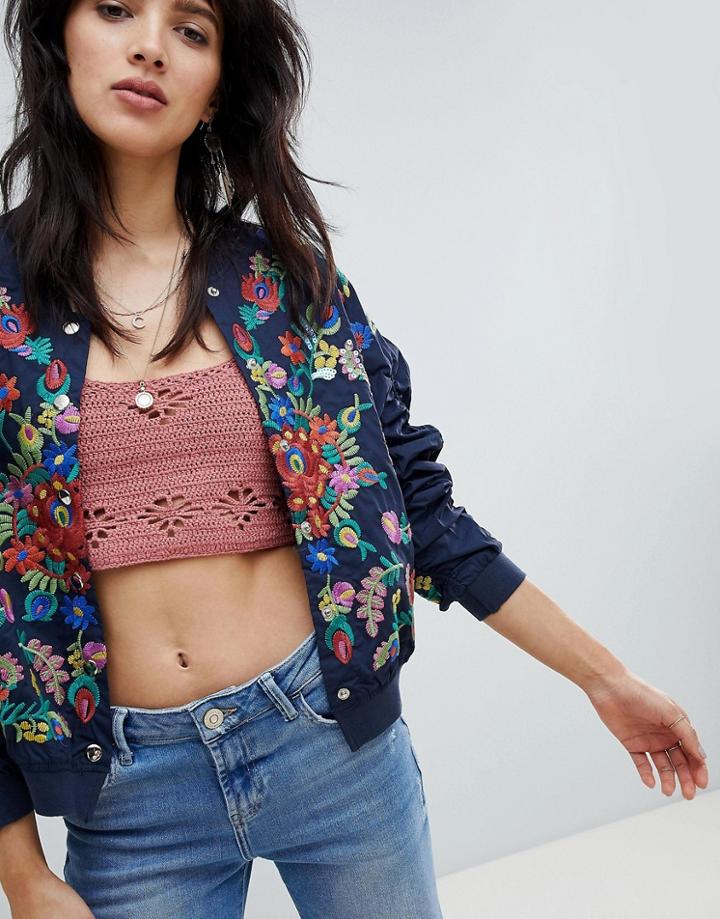 Hazel Floral Embroidered Bomber Jacket - Navy