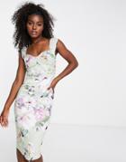 Lispy Ruched Mesh Midi Dress In Floral Print-multi