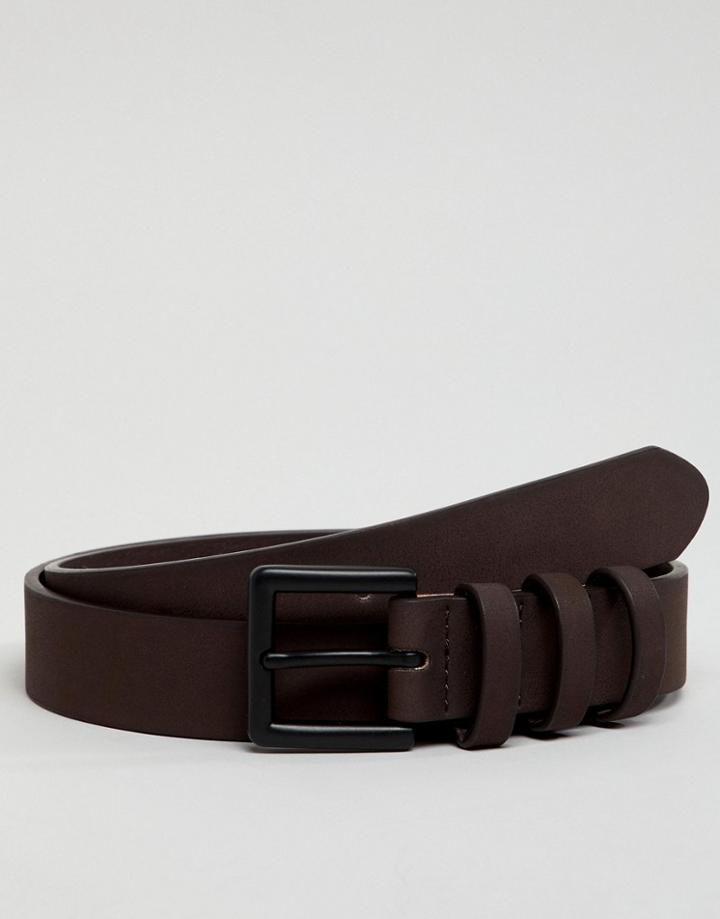 Asos Design Smart Faux Leather Slim Belt In Matte Brown And Triple Keepers - Brown
