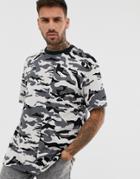 Bershka Oversized T-shirt With Camo Print In Gray - Gray