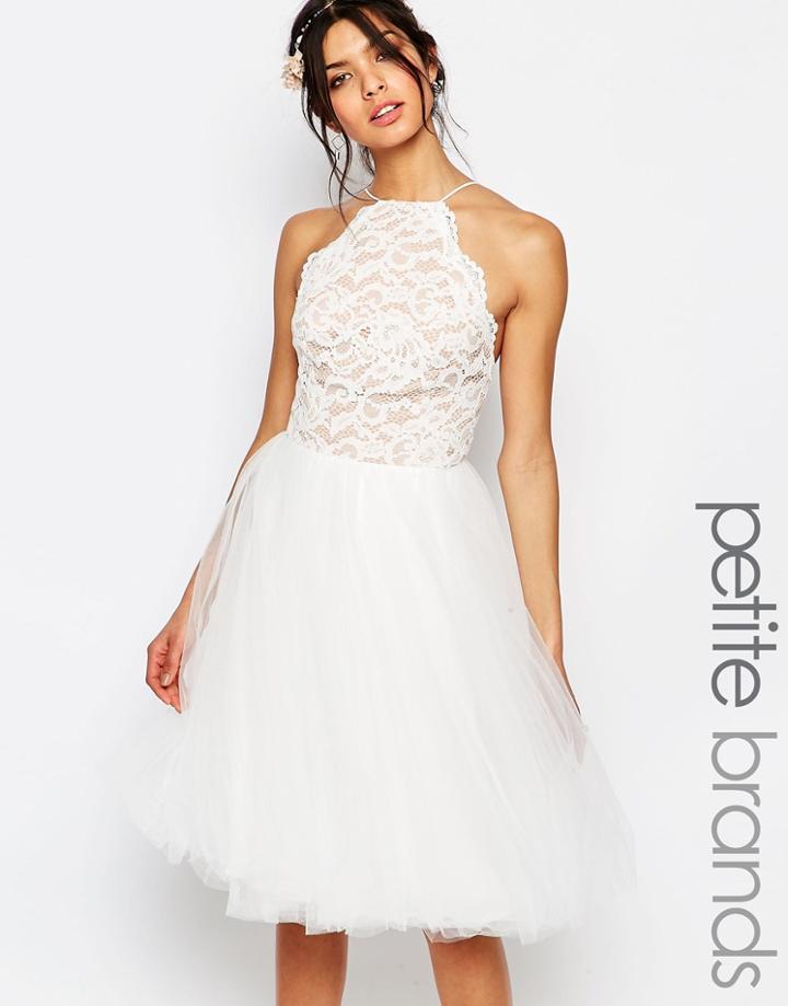 Jarlo Petite High Neck Lace Top Prom Skater Dress With Tulle Skirt - White