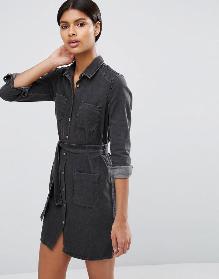 Asos Denim Belted Shirt Dress In Washed Black - Black
