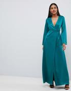 Asos Design Wrap Satin Maxi Dress With Long Sleeve - Green