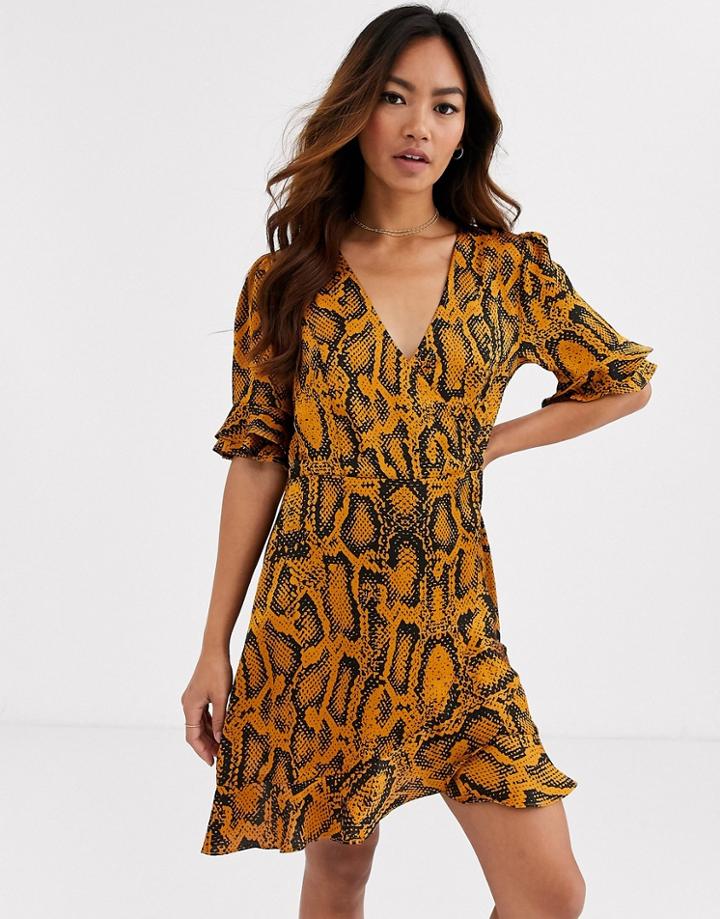 Brave Soul Ari Satin Effect Wrap Dress In Snakeskin-yellow