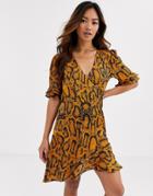Brave Soul Ari Satin Effect Wrap Dress In Snakeskin-yellow