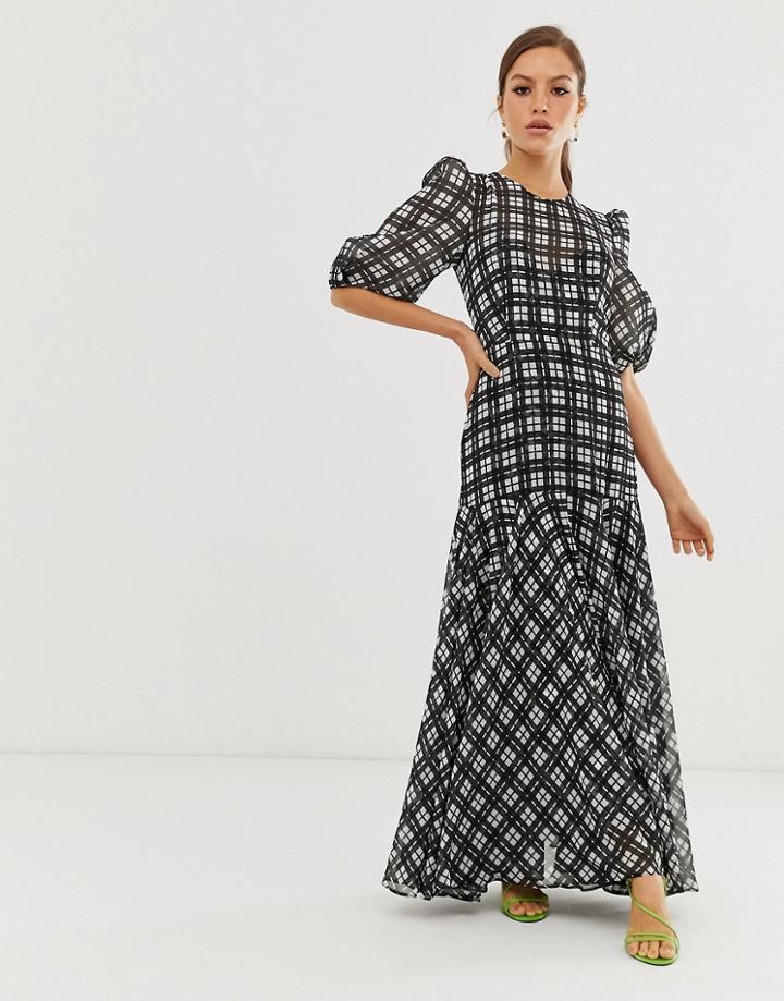 Asos Edition Puff Sleeve Maxi Dress In Mono Check - Multi