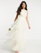 Y.a.s Bridal Maxi Dress With Lace Top And Tulle Tiered Skirt In Ivory-white