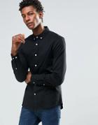 Asos Skinny Shirt In Black Twill With Contrast Buttons In Long Sleeve - Black