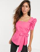 River Island Puff Sleeve Top With Belt In Pink