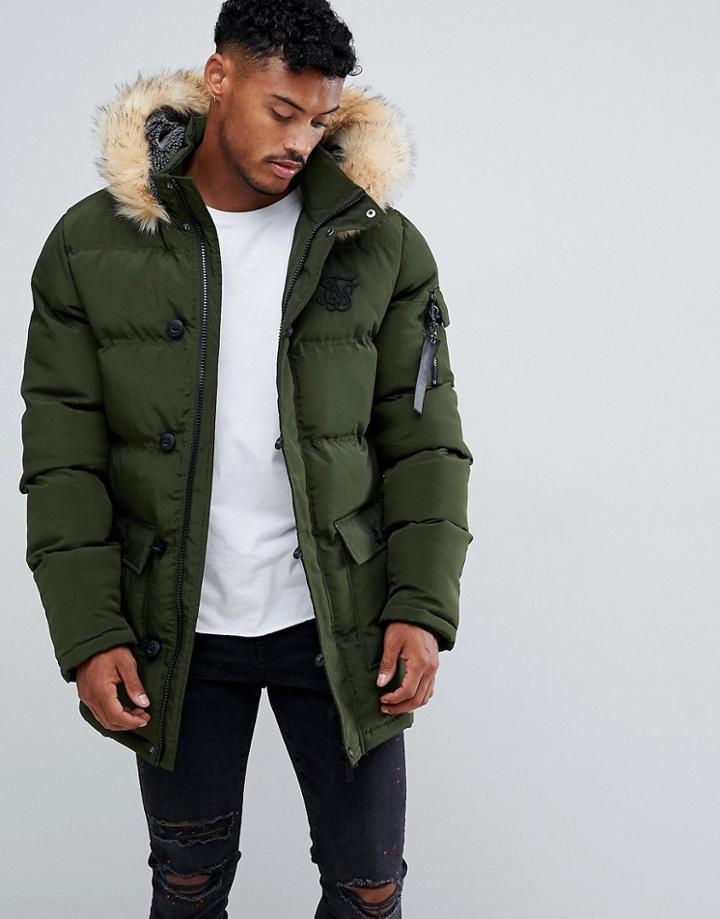 Siksilk Parka Jacket With Faux Fur Hood In Khaki-green