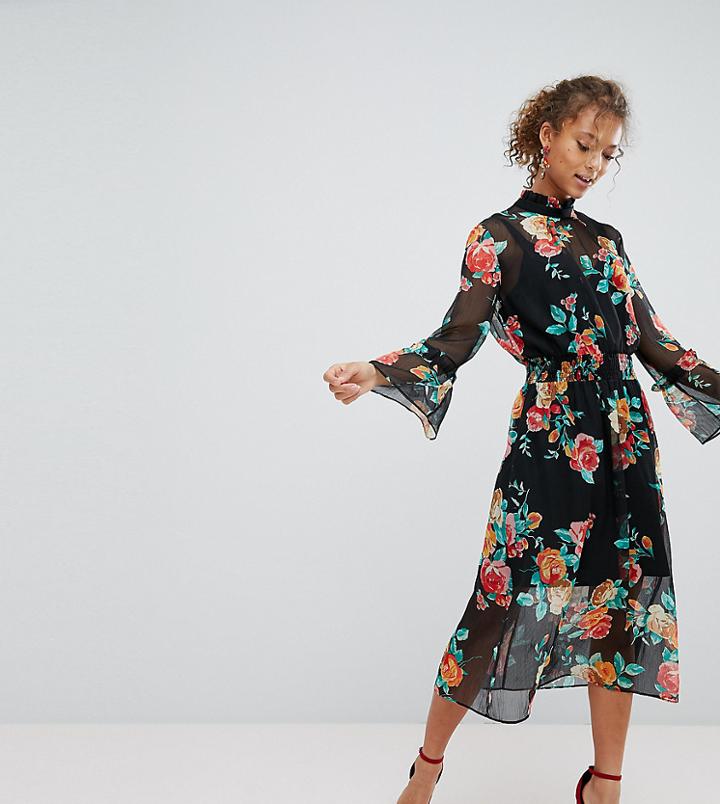 Miss Selfridge High Neck Rose Print Midi Dress-multi