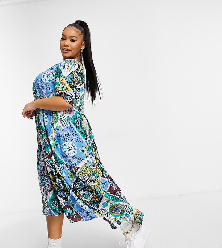 Ax Paris Plus Tiered Maxi Smock Dress In Paisley-multi