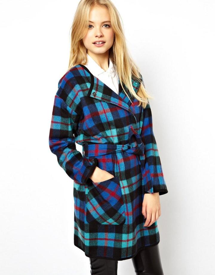 Asos Tartan Coat With Tie Front